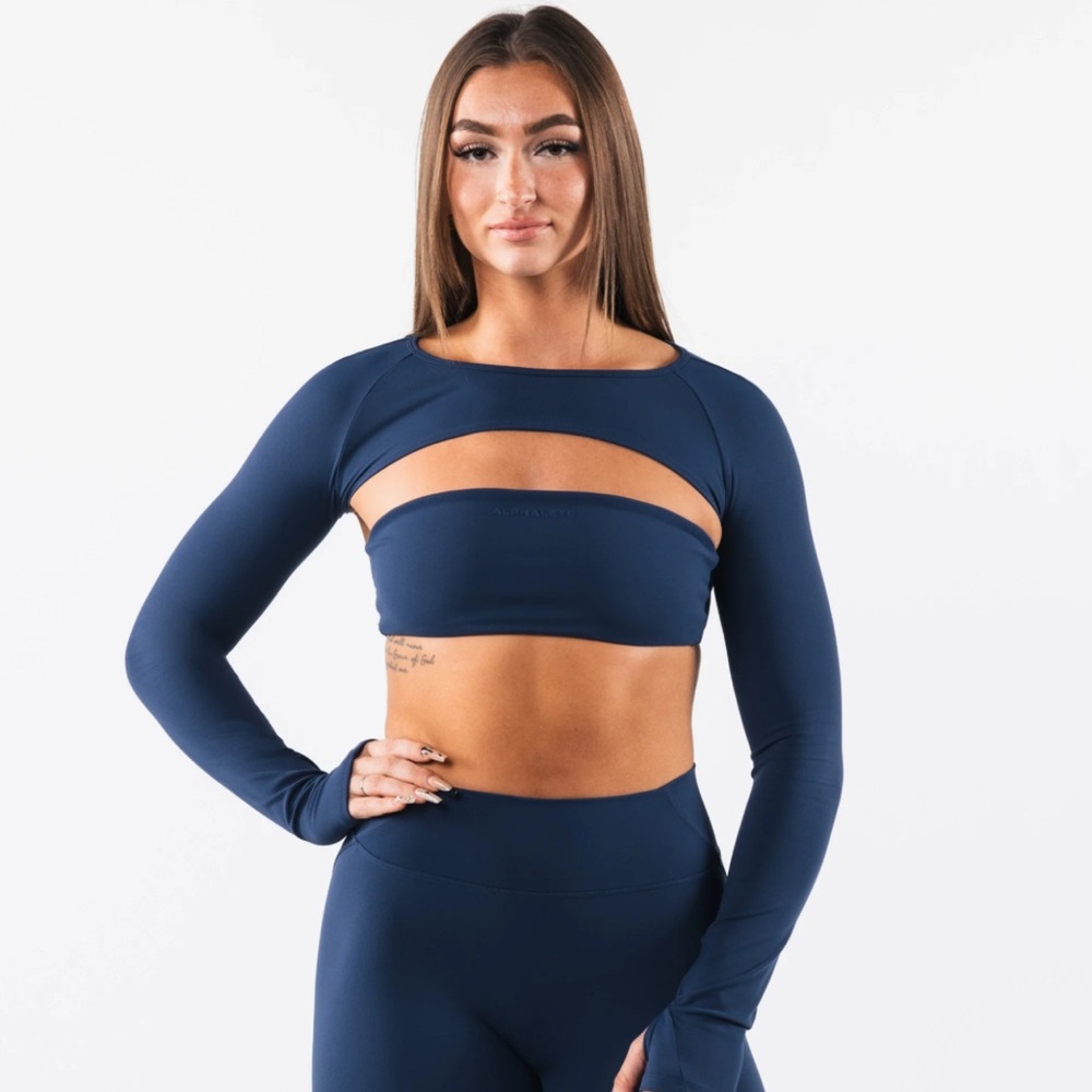 Navy Long Sleeve Cutout Top - aura shrug navy blue
